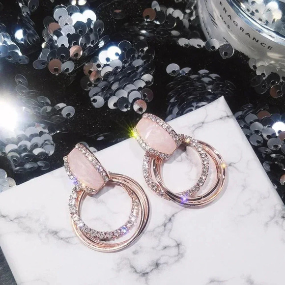 Gold & Pink Acrylic Diamond Hoop Stud Earrings - Picture 3 of 5